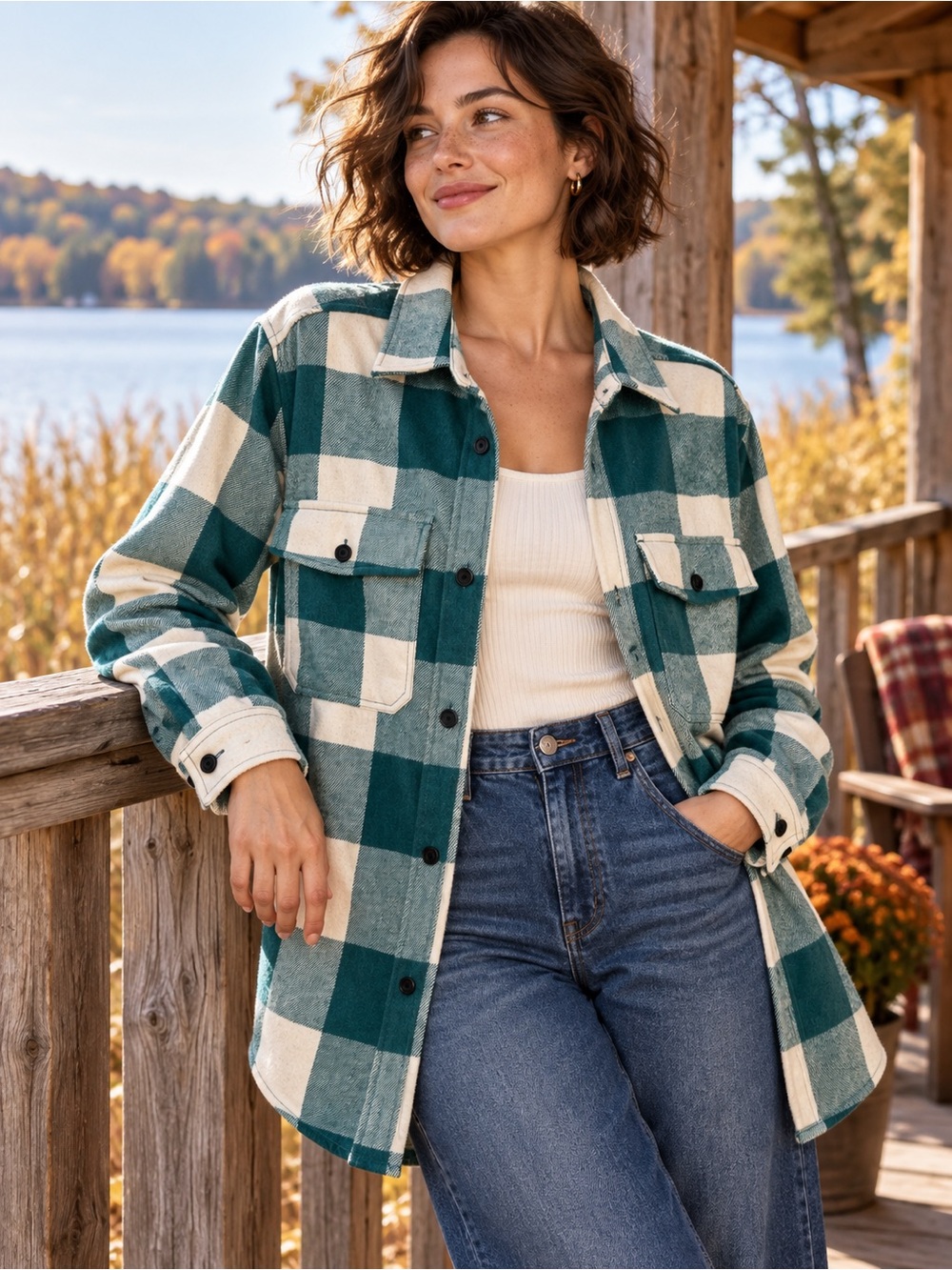 H&M Teal Green & Cream Plaid Thick Flannel Shacket